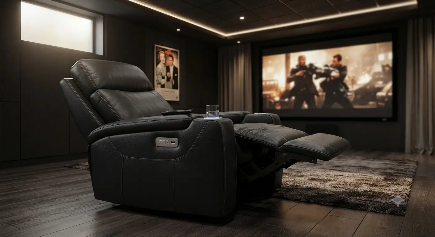 Poltrona home cinema moderna in pelle nera con poggiapiedi estraibile per sala dedicata.