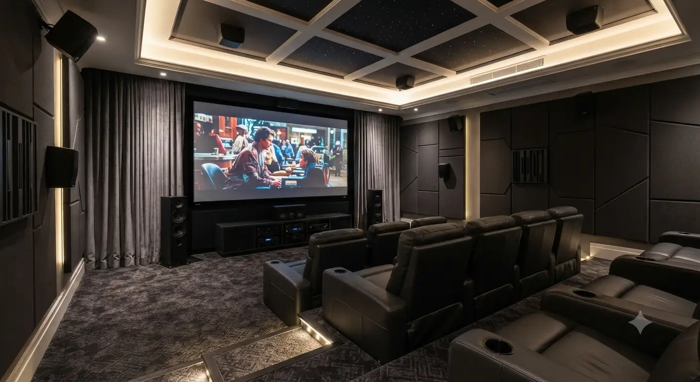Progettazione sala home cinema chiavi in mano con impianto audio surround e schermo di proiezione professionale.