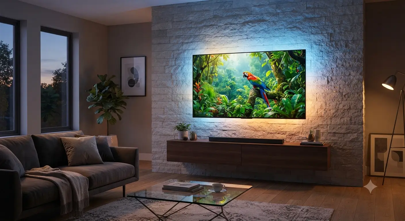 Retroilluminazione TV a LED installata su uno schermo in un elegante salotto moderno