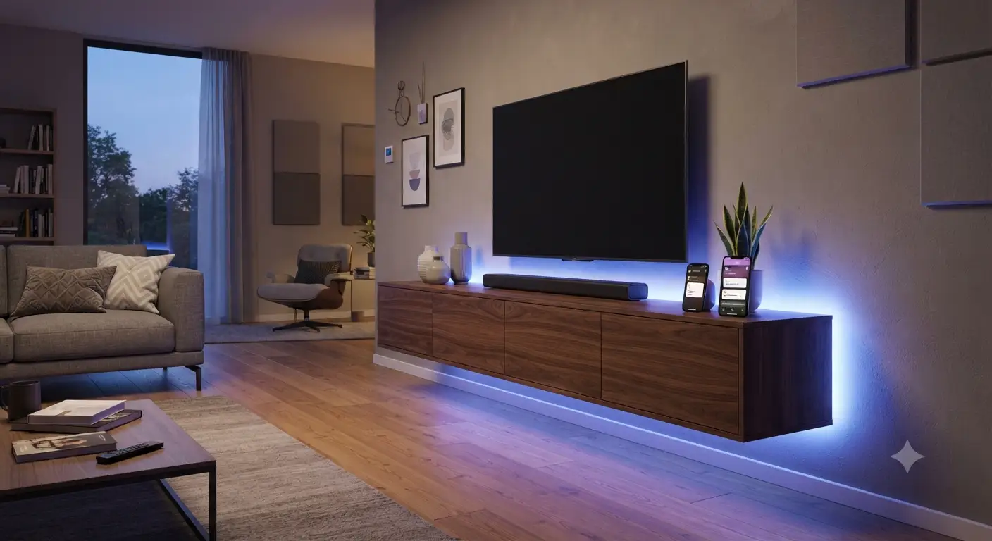 Strisce LED smart installate dietro al mobile tv in un soggiorno moderno con illuminazione colorata.
