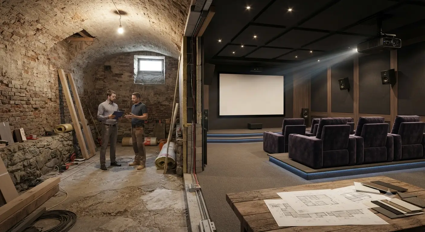 Rendering 3D del progetto per trasformare cantina in sala cinema moderna