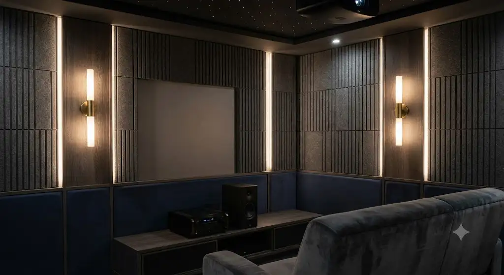 Décoration murale salle cinéma avec des panneaux acoustiques et des appliques lumineuses design.