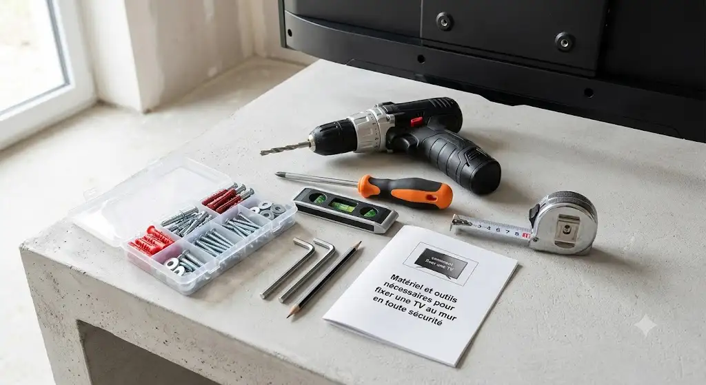 Matériel et outils nécessaires pour fixer une TV au mur en toute sécurité. (comment fixer une tv au mur)