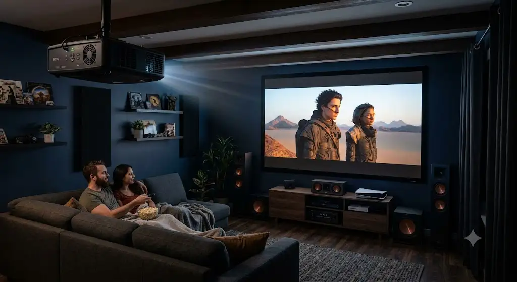 Vidéoprojecteur DLP 4K installé dans un salon moderne pour une séance home cinéma