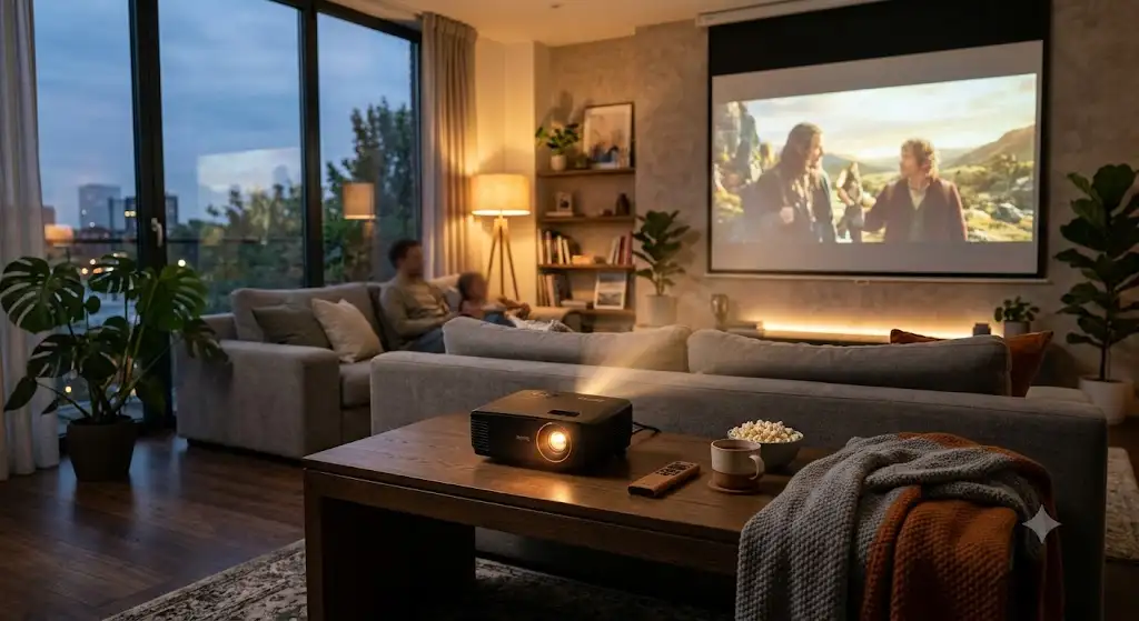 Vidéoprojecteur LCD compact installé sur une table basse dans un salon moderne pour une séance home cinéma.