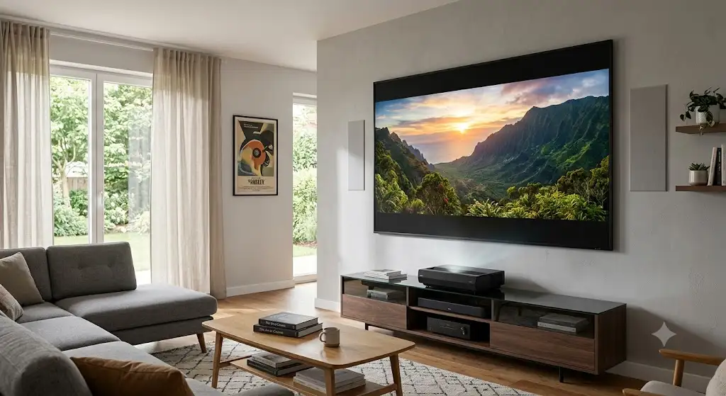 Vidéoprojecteur UST 4K installé sur un meuble TV dans un salon moderne avec écran de projection ALR