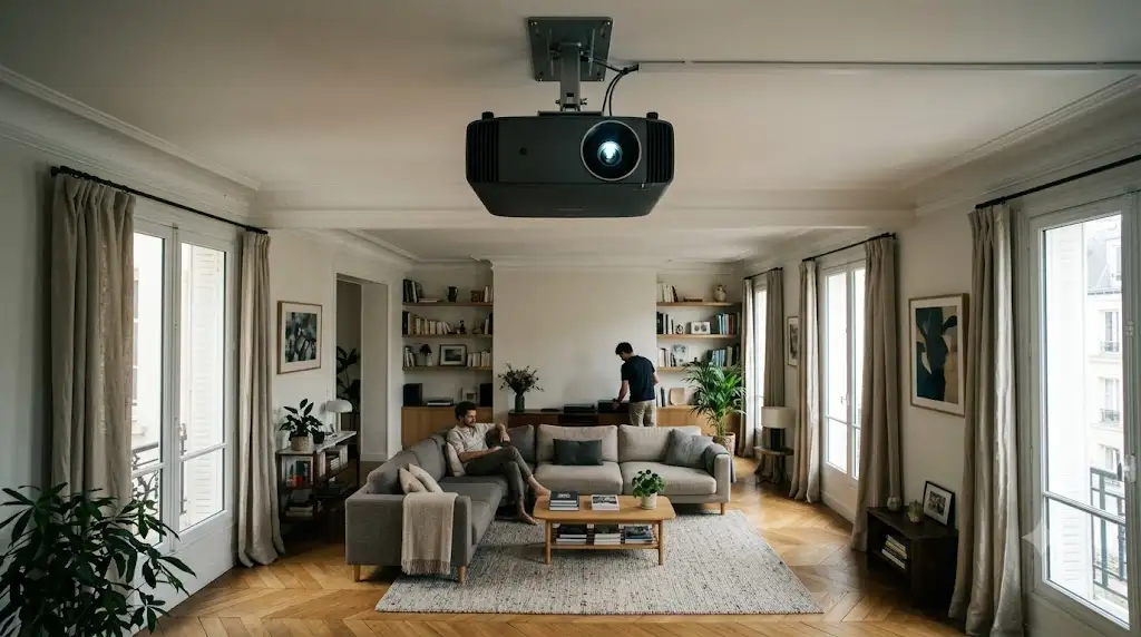 Installation d'un vidéoprojecteur longue focale fixé au plafond dans un salon home cinéma contemporain