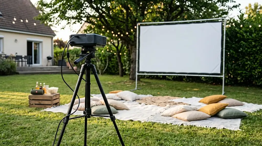 Installation d'un cinéma de jardin vidéoprojecteur sur trépied face à un grand écran blanc sur la pelouse. (cinéma de jardin vidéoprojecteur)