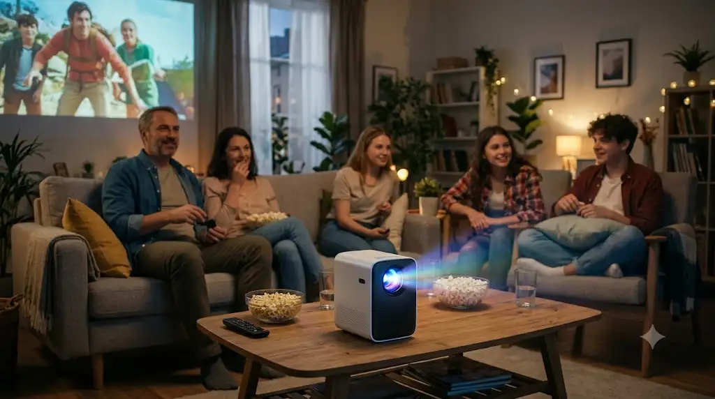 Vidéoprojecteur sur batterie compact projetant un film en haute définition dans un salon convivial