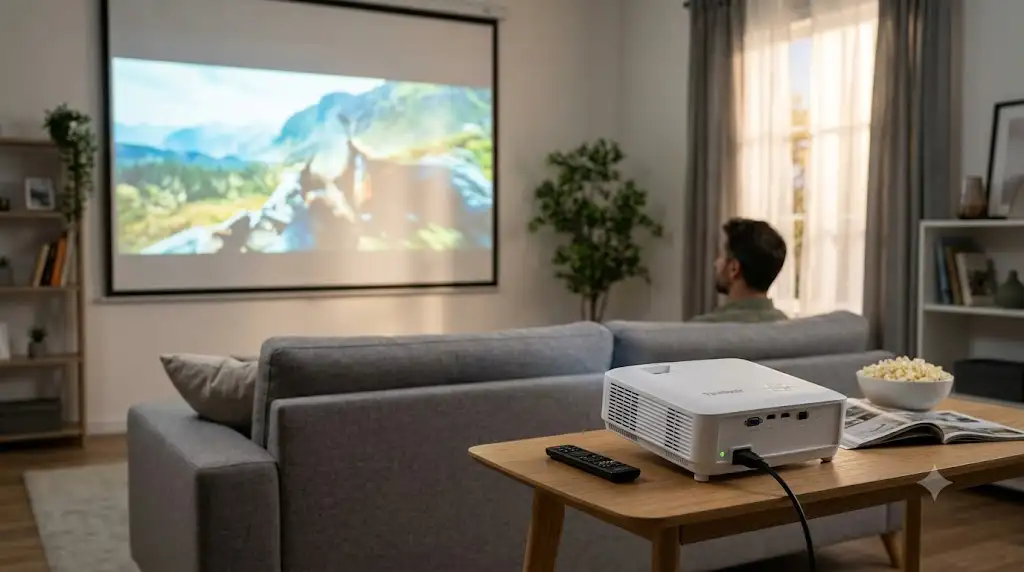 Vidéoprojecteur ViewSonic installé dans un salon pour un test complet et avis en situation réelle. (vidéoprojecteur viewsonic avis)