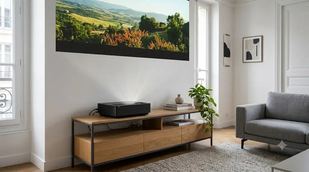 Vidéoprojecteur 4K LG CineBeam avis installé sur un meuble dans un salon moderne pour notre test et avis.