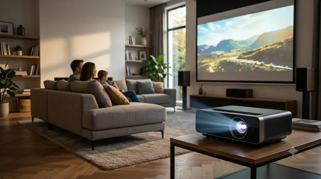 Vidéoprojecteur premium à plus de 1000 euros installé dans un salon moderne pour une séance home-cinéma immersive. (vidéoprojecteur premium 1000 euros et plus)