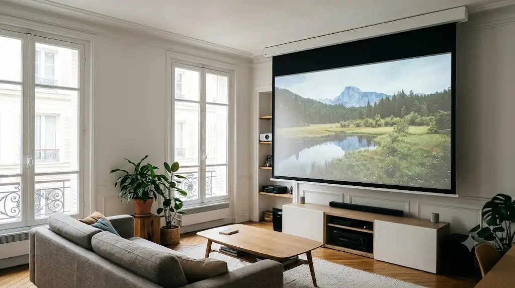 Écran de projection motorisé à gain élevé compatible 4K et 8K installé dans un salon lumineux. (écran de projection gain 4k 8k)