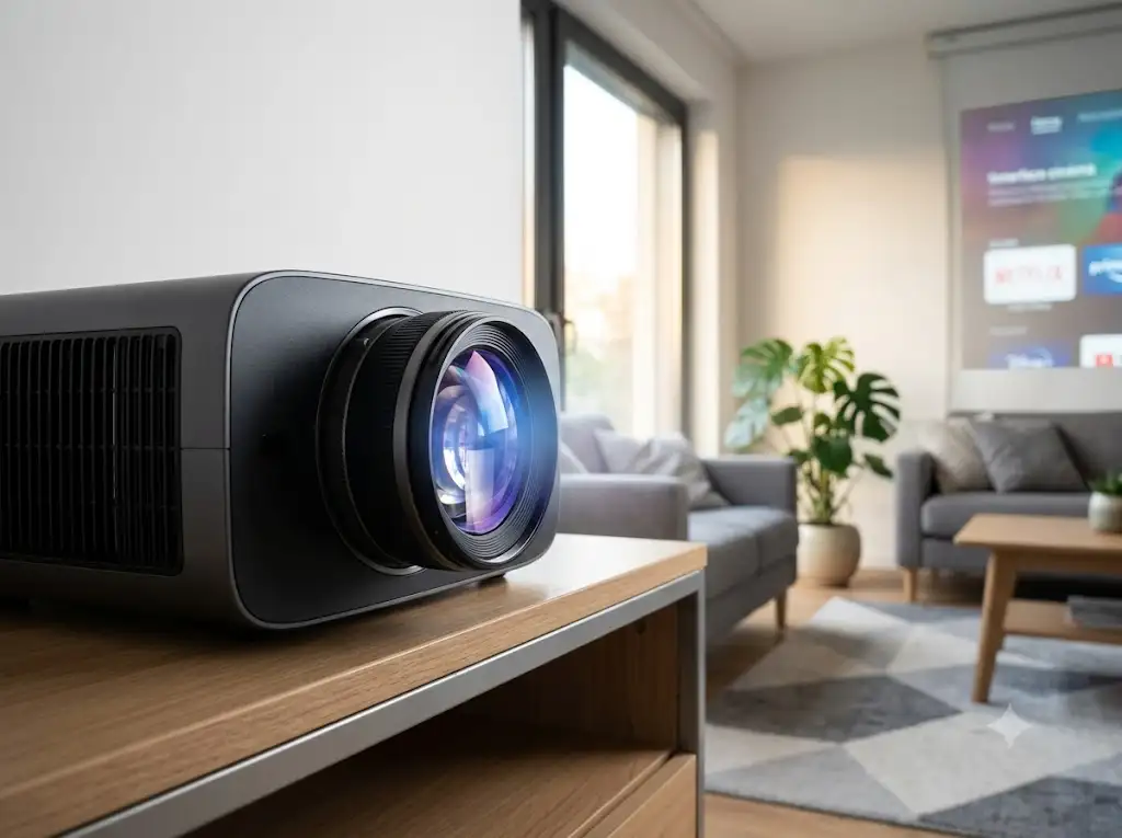Objectif pour vidéoprojecteur à focale courte installé dans un salon moderne. (objectif vidéoprojecteur)
