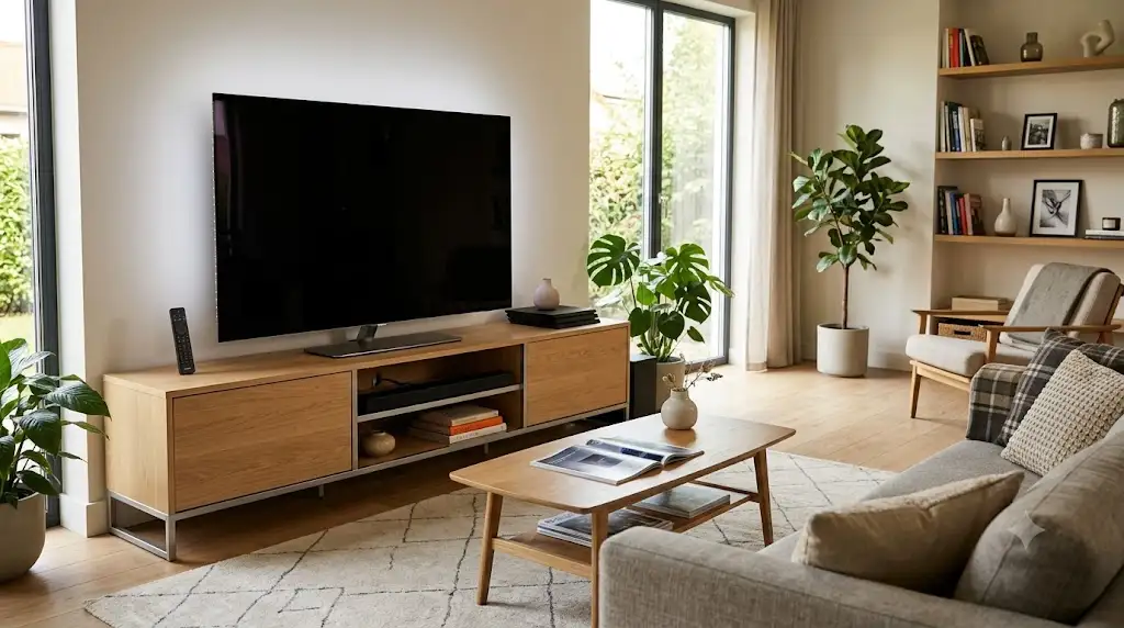 Téléviseur Philips OLED installé dans un salon moderne pour notre test et avis complet. (tv oled philips avis)