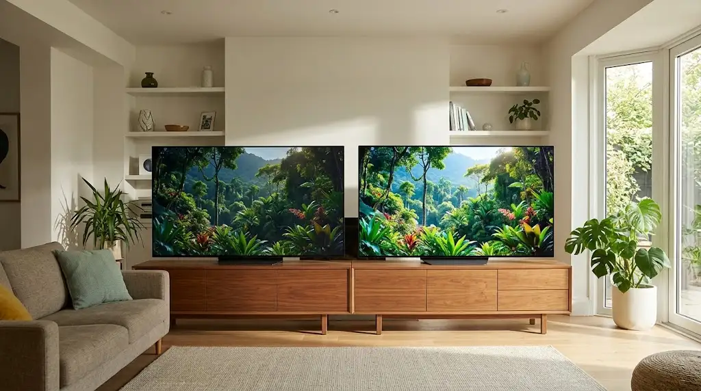 Comparatif de la luminosité entre un téléviseur OLED evo et un écran OLED standard dans une pièce éclairée. (oled evo vs oled standard)