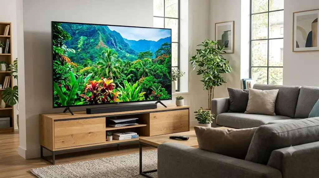 Téléviseur TV QNED LG avis installé dans un salon moderne pour notre test et avis complet.