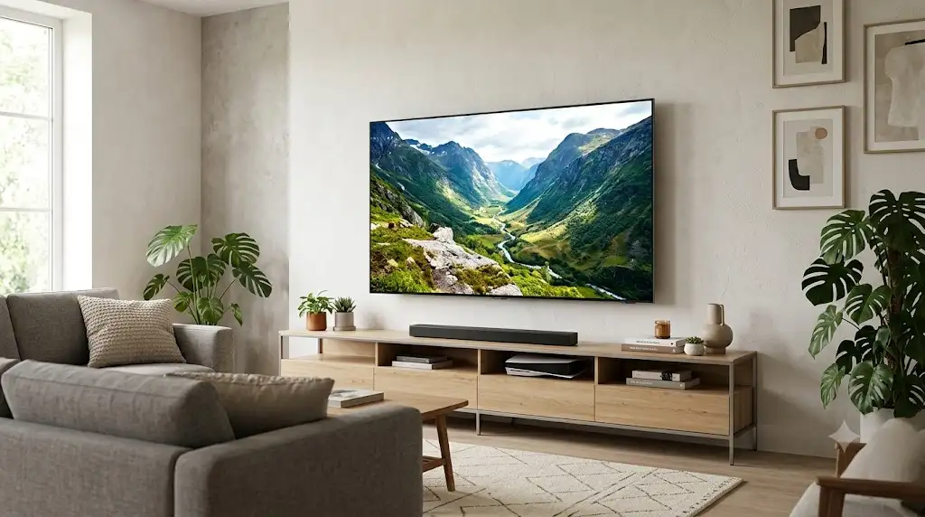 Téléviseur Samsung Neo QLED installé dans un salon moderne pour notre test et avis complet. (tv neo qled samsung avis)