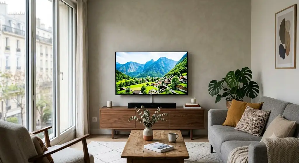 tv 43 pouces avis installe dans un salon moderne, illustrant notre avis sur sa taille ideale.