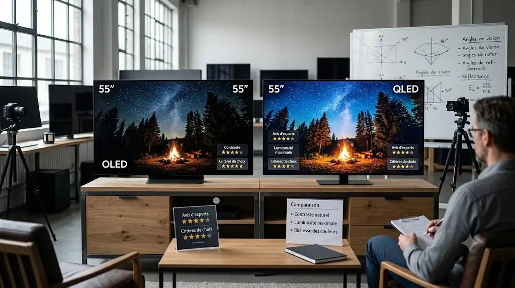 Comparatif visuel entre téléviseurs OLED et QLED 55 pouces avec critères de choix et avis d'experts. (tv 55 pouces avis)