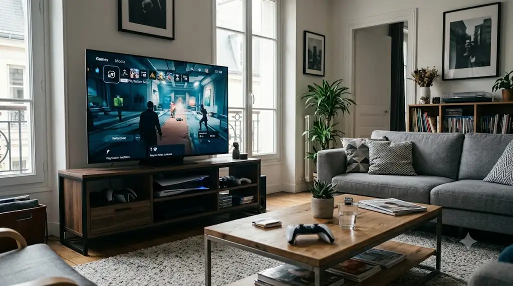 Écran TV 4K compatible PS5 installé dans un salon moderne avec manette DualSense. (tv compatible ps5)