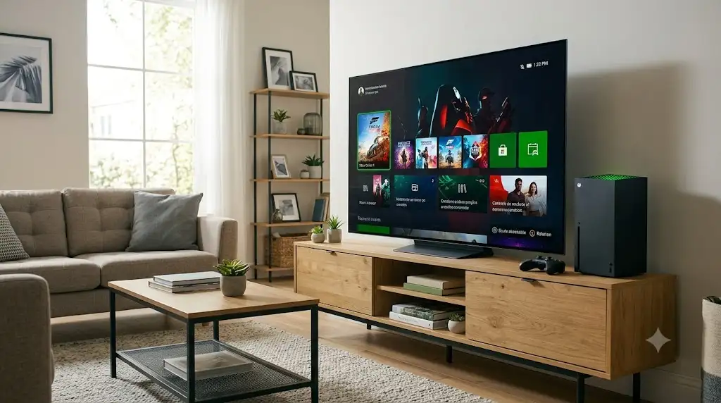 Téléviseur OLED 4K compatible Xbox Series X installé dans un salon moderne avec console allumée. (tv compatible xbox series x)