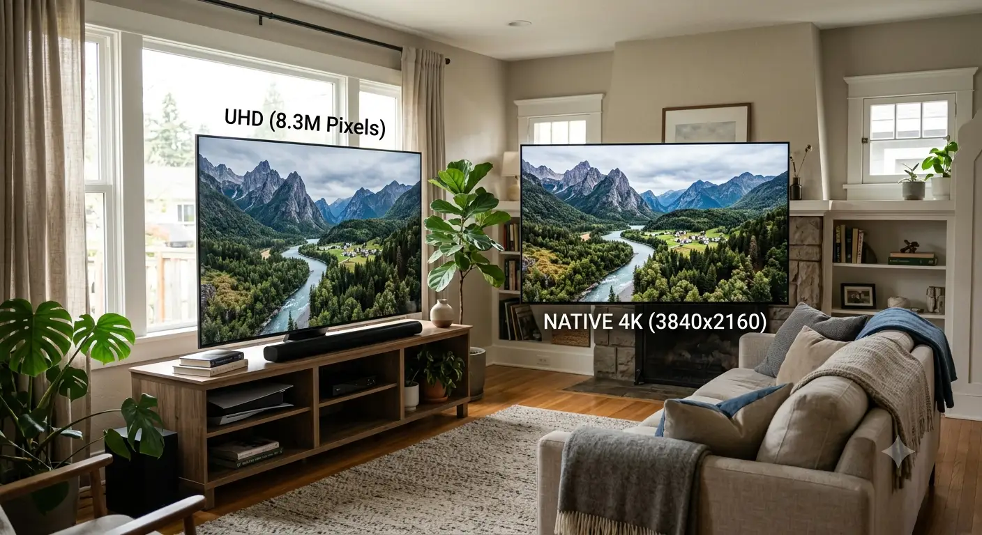 Confronto visivo tra risoluzione 4K o 8K su due schermi TV Ultra HD con dettagli a fuoco