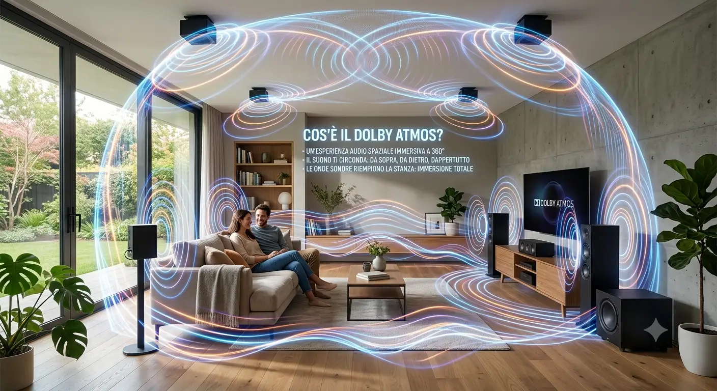 Illustrazione che spiega cos'è il Dolby Atmos e come funziona l'audio immersivo