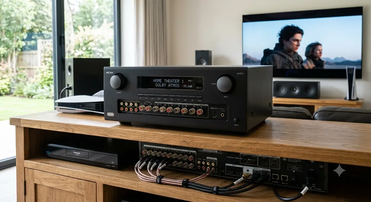 Panoramica di un moderno amplificatore AV illustrato nella guida all'acquisto per sistemi home theater.