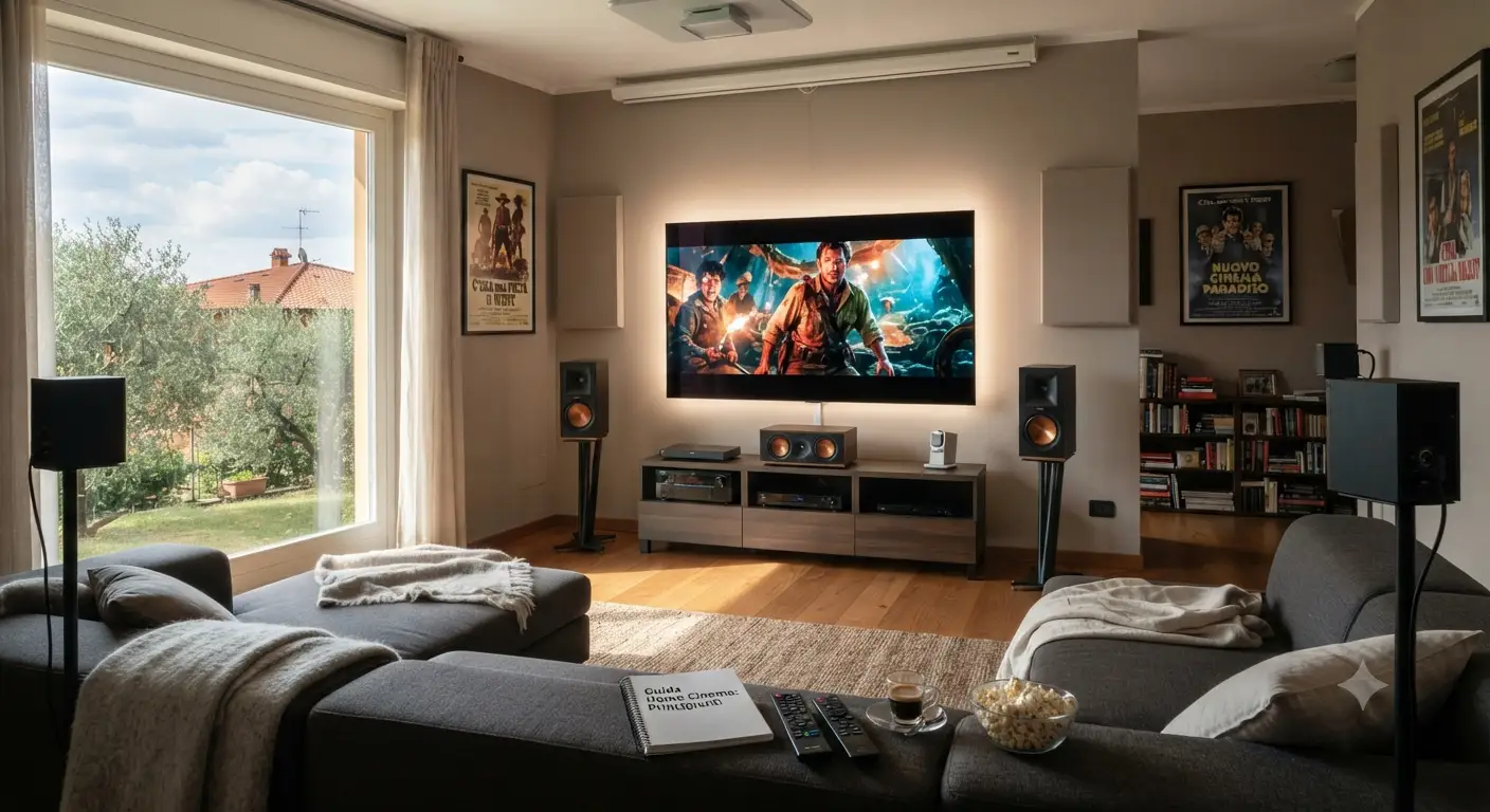 Illustrazione generale che introduce la guida home cinema per principianti, mostrando un impianto audio video moderno in un soggiorno accogliente.
