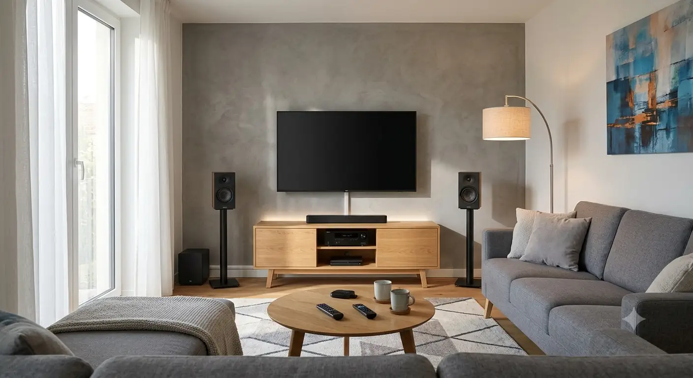 Panoramica di un impianto home cinema da 1000 euro installato in un soggiorno moderno