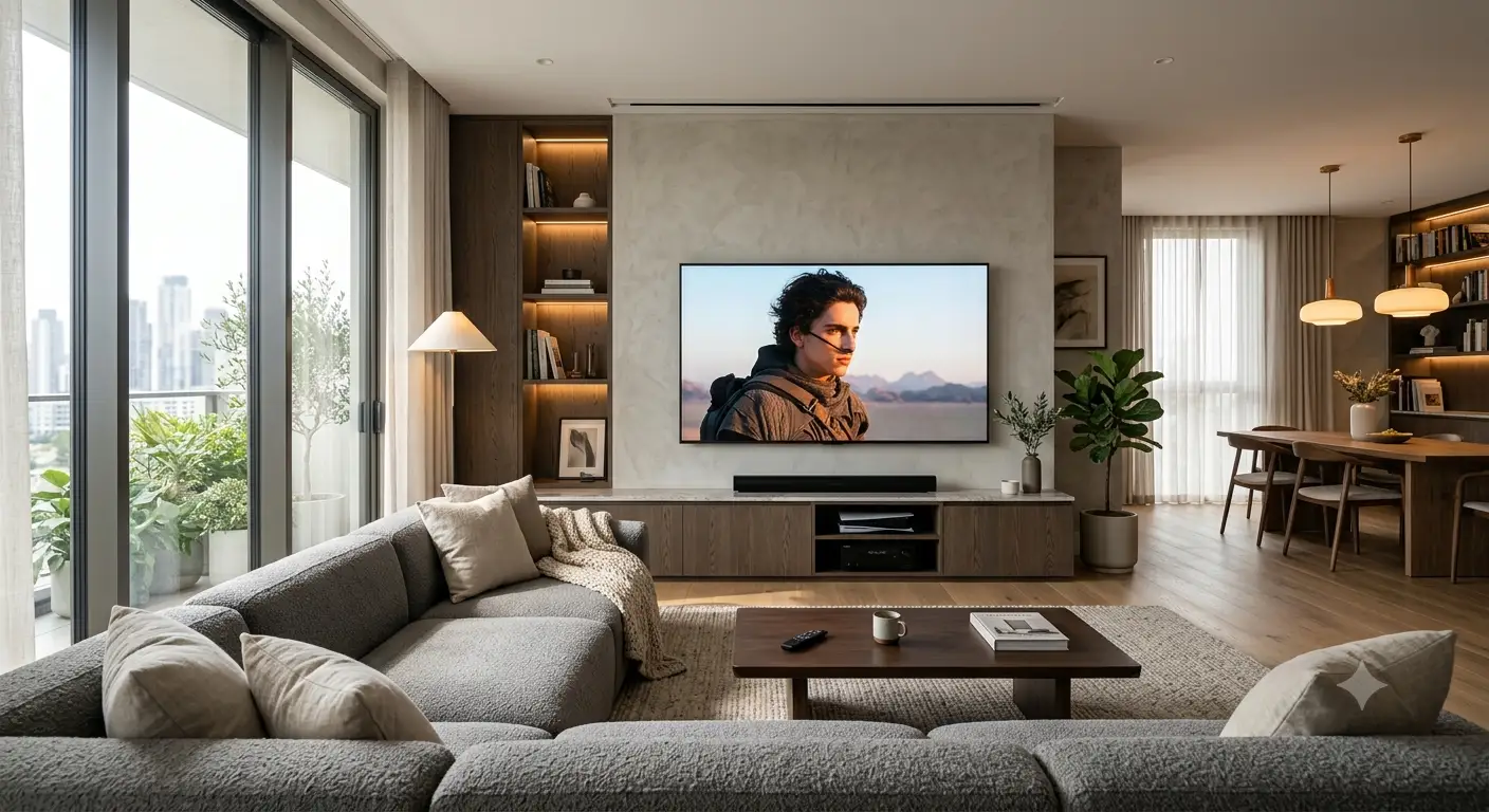 Esempio di home cinema per appartamento integrato in un elegante soggiorno moderno