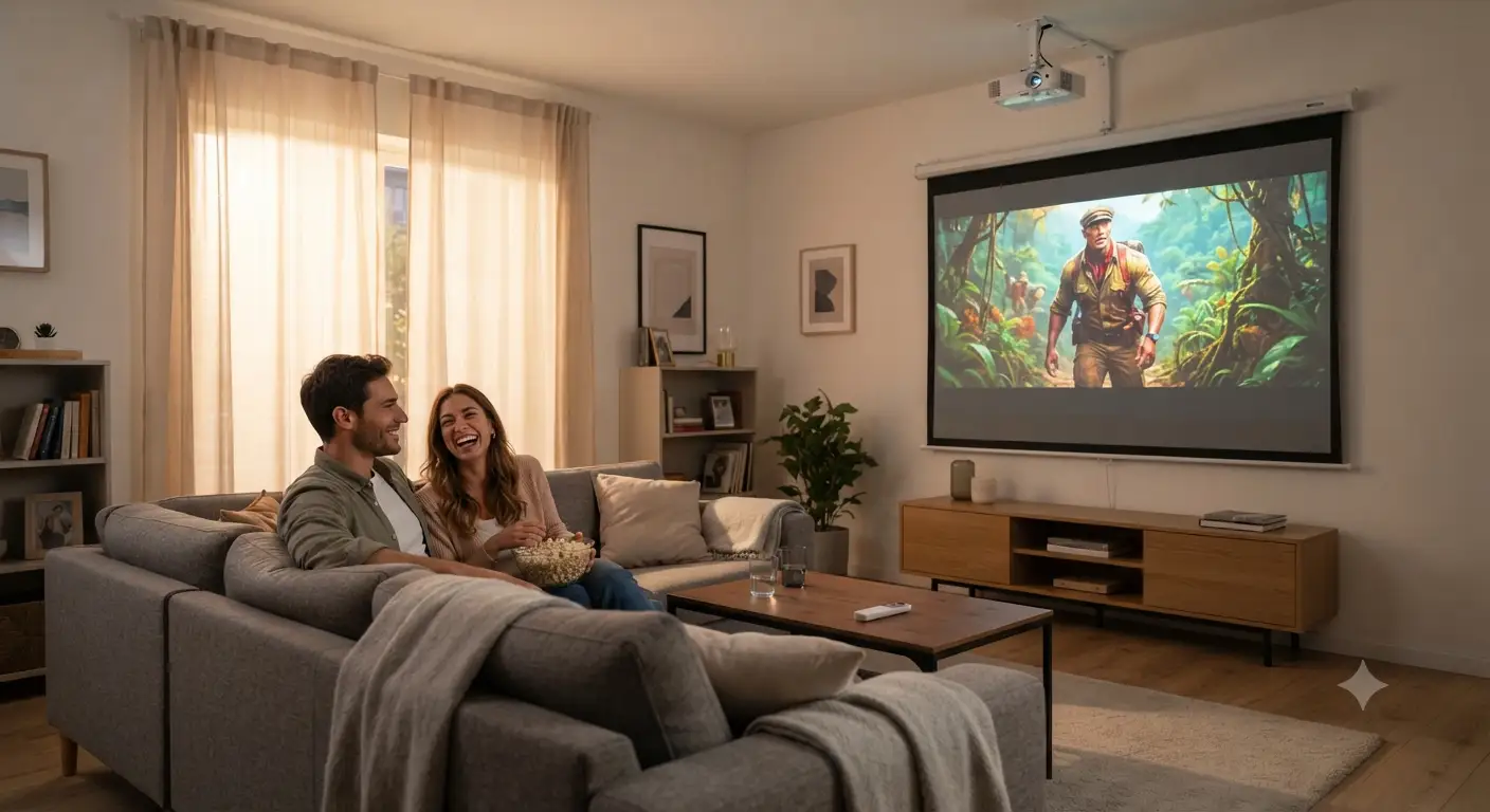 Proiettore per home cinema sotto 1000 euro installato in un soggiorno moderno.
