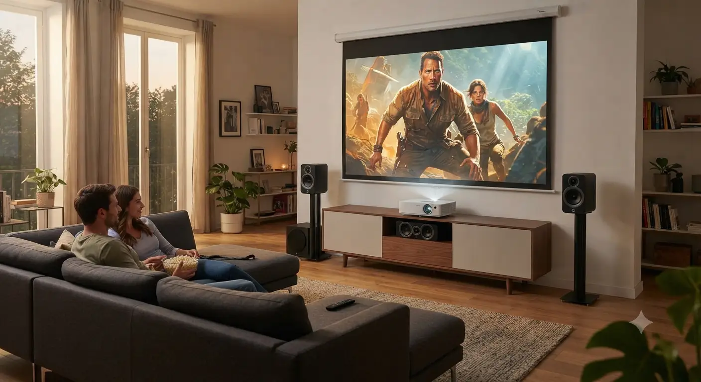 Impianto home cinema sotto 2000 euro installato in un soggiorno moderno con proiettore e telo di proiezione