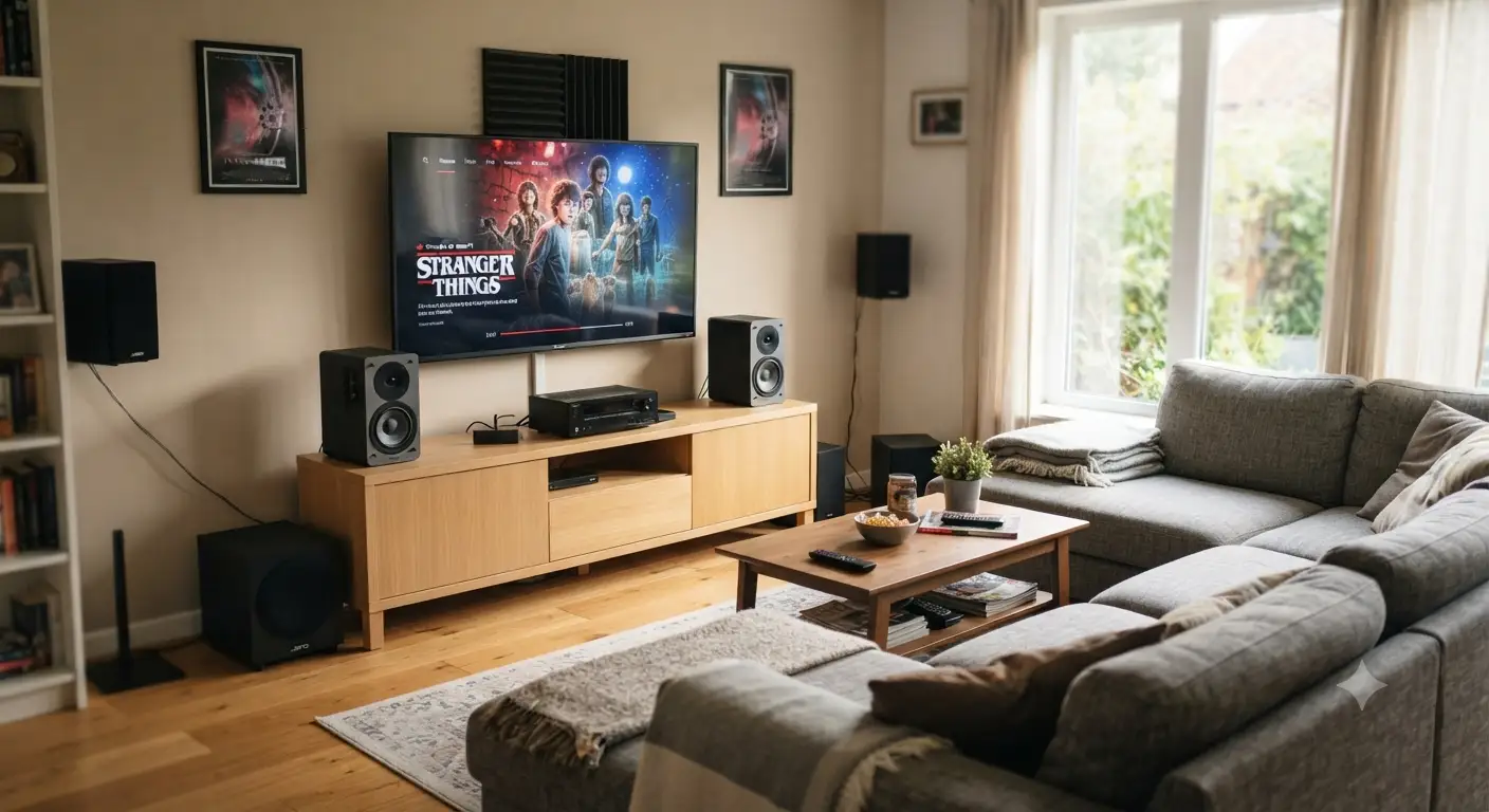 Un impianto home cinema economico installato in un tipico soggiorno moderno con diffusori audio e TV.