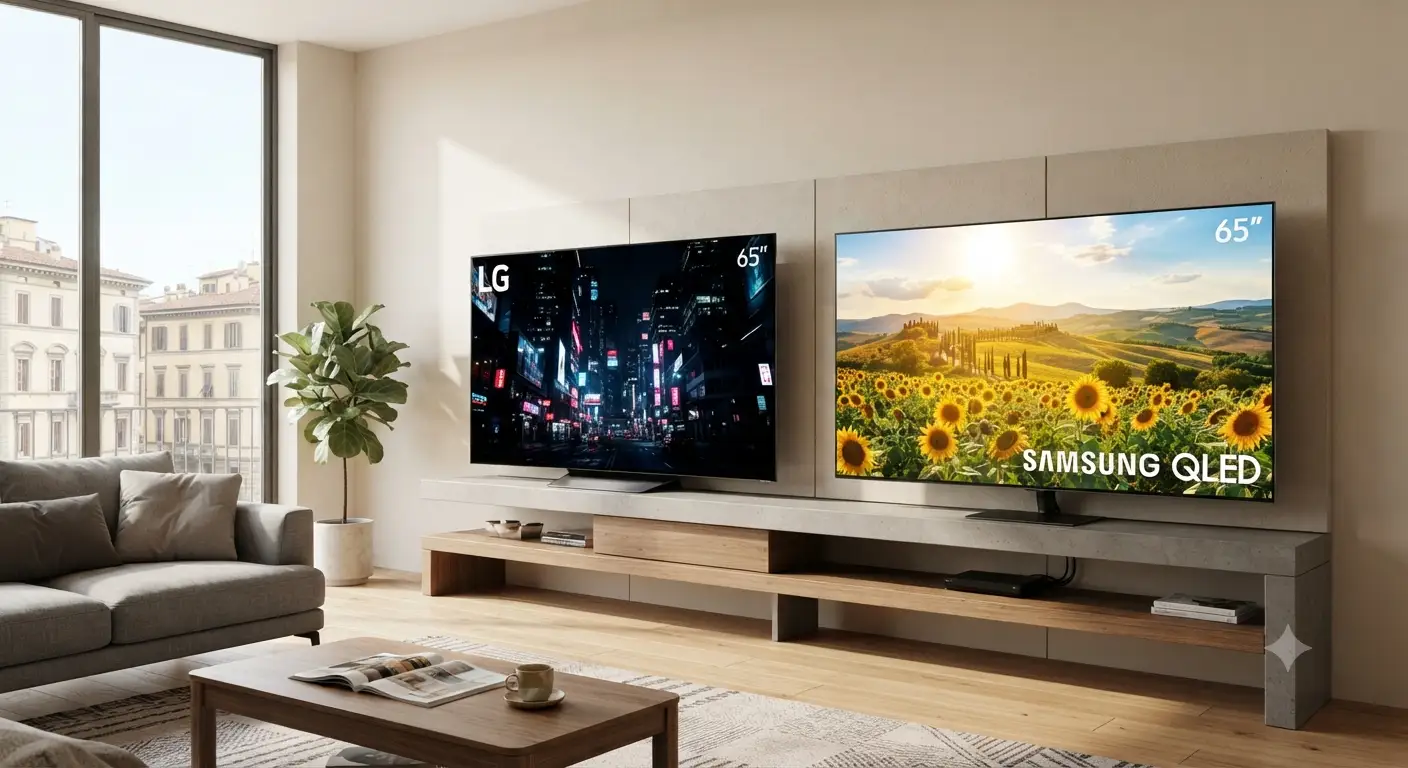 Confronto visivo tra i televisori LG OLED e Samsung QLED in un salotto moderno.