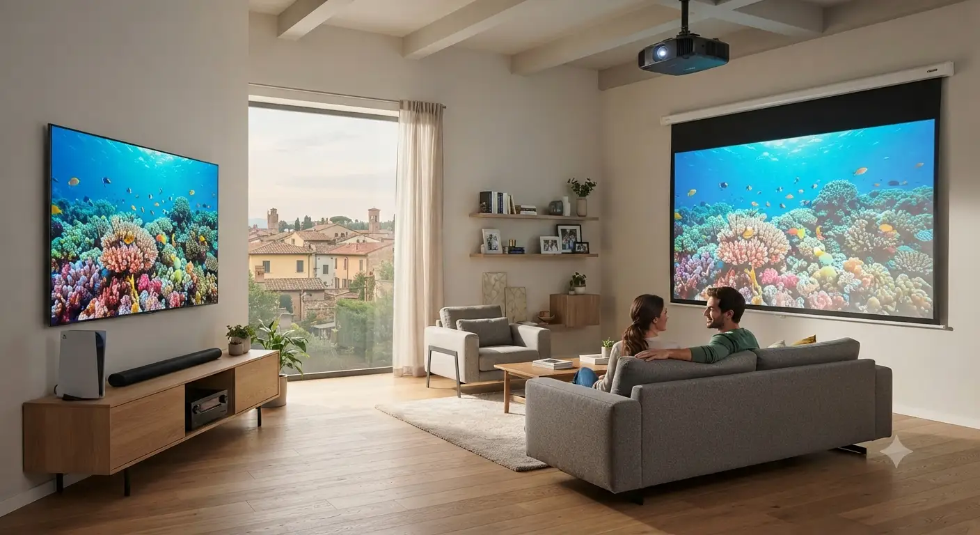 Confronto tra videoproiettore o TV per casa per capire quale soluzione scegliere per il soggiorno.